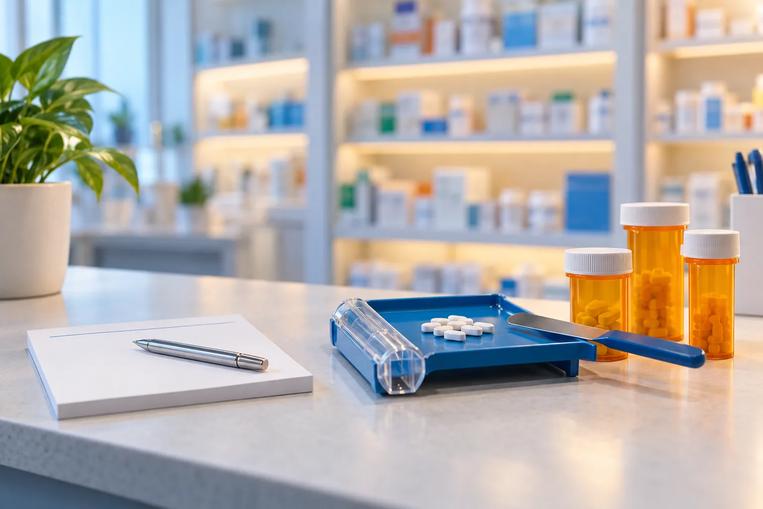 A pharmacy counter with a medicine shelf and prescription supplies